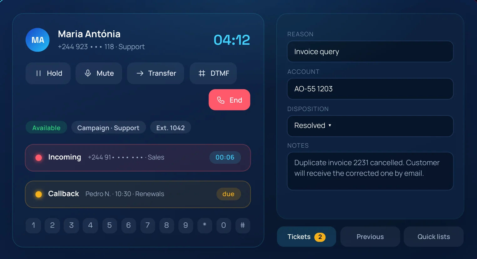 Call Links: consola do agente durante uma chamada